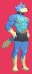  5_fingers animal_crossing anthro black_clothing black_underwear blue_body blue_fur canid canine canis clothed clothing collar fingers fur hands_on_hips hi_res jrjresq male mammal nintendo shirt simple_background solo standing tan_body tan_fur tank_top topwear underwear video_games wolf wolfgang_(animal_crossing) 