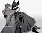  1boy 1girl bangs bloodborne bonnet boots cagefreepotato carrying cloak coat doll_joints dress gloves greyscale hat highres holding hug hunter_(bloodborne) joints long_hair looking_at_another mask monochrome mouth_mask plain_doll princess_carry shoes short_hair simple_background tricorne white_background 