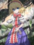  1girl alice_margatroid blonde_hair blue_dress blue_eyes broken_glass capelet cloud commentary_request cowboy_shot crossed_arms day dress expressionless glass hair_between_eyes hairband head_tilt kayon_(touzoku) lolita_hairband looking_at_viewer mountain outdoors plant puppet_rings red_neckwear red_sky ruins sash shaded_face shadow short_hair sky solo standing touhou tree_branch vines white_capelet 