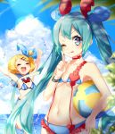  2girls ;p aqua_eyes aqua_hair arms_up ball bangs beach beachball bikini blonde_hair blue_bow blue_collar blue_sky blurry_foreground bow bracelet broken_heart carrying_under_arm cloud collar commentary day hair_bow hair_ornament hairclip hatsune_miku heart heart_bikini heart_hair_ornament heart_in_eye index_finger_raised jewelry kagamine_rin leg_up long_hair matatabi_dango multiple_girls navel ocean one_eye_closed open_mouth outdoors outstretched_arms palm_tree sailor_collar short_hair sky smile splashing striped striped_bikini swept_bangs swimsuit symbol_in_eye tongue tongue_out tree twintails v-shaped_eyebrows very_long_hair vocaloid 