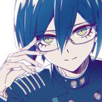  1boy bangs bespectacled blue_hair brown_eyes closed_mouth commentary_request danganronpa face glasses grey-framed_eyewear hair_between_eyes hand_up kanata_(loser51) long_sleeves looking_at_viewer lowres male_focus new_danganronpa_v3 saihara_shuuichi short_hair simple_background smile solo striped_jacket white_background 