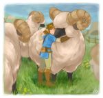  animal animal_hug beige_pants blue_shirt boots border brown_footwear brown_pants closed_eyes commentary_request day fence flower grass highres horns hug iva_(sena0119) link medium_hair outdoors oversized_animal pants sheep shirt the_legend_of_zelda tunic white_border yellow_flower 