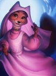  4_fingers anthro blue_background brown_eyes canid canine clothing collar disney dress female fingers fox fur headdress headgear headwear hi_res hibbary jewelry long_sleeves looking_at_viewer maid_marian mammal pink_clothing portrait purple_clothing robin_hood_(disney) simple_background smile smiling_at_viewer solo three-quarter_portrait 