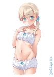  1girl blonde_hair blue_eyes blue_scrunchie blush collarbone cropped_legs ebifurya eyebrows_visible_through_hair groin highres kantai_collection long_hair navel parted_lips scrunchie shin&#039;you_(kantai_collection) simple_background solo twitter_username underwear underwear_only white_background 