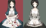  alice:_madness_returns alice_(wonderland) alice_in_wonderland alice_liddell american_mcgee&#039;s_alice apron black_hair blood closed_mouth dress green_eyes jewelry jupiter_symbol knife long_hair looking_at_viewer necklace short_hair simple_background yuuya_(n-m-t) 