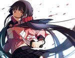  1girl angry bangs black_hair black_skirt blood blunt_bangs blurry commentary_request danganronpa depth_of_field floating_hair hair_ornament hairclip harukawa_maki holding holding_knife holding_weapon injury knife long_hair long_sleeves looking_at_viewer low_twintails mole mole_under_eye new_danganronpa_v3 plaid plaid_skirt pleated_skirt qiao_xing red_eyes red_scrunchie red_shirt sailor_collar school_uniform scrunchie serafuku shirt skirt solo torn_clothes torn_shirt twintails weapon white_background 