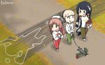  !? 3girls alternate_costume bangs black_hair blonde_hair blue_eyes blunt_bangs brown_eyes casual chalk_outline collar commentary_request dated dog_collar flying_sweatdrops green_pants grey_eyes gym_pants hair_ornament hair_ribbon hamu_koutarou hat highres ju_87 kantai_collection leaf leash long_hair long_sleeves looking_at_another looking_to_the_side low-tied_long_hair mizuho_(kantai_collection) multiple_girls open_mouth outdoors pants red_pants ribbon sailor_hat scared shin&#039;you_(kantai_collection) sidelocks signature silhouette spoken_interrobang tree very_long_hair walking wavy_hair yashiro_(kantai_collection) 