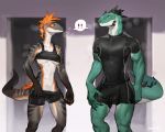  ! anthro athletic athletic_anthro athletic_female athletic_male bebebebebe blush bodily_fluids breasts bulge clothed clothing detailed_bulge duo female green_body green_scales hi_res lizard looking_at_another male reptile scales scalie sportswear sweat wet wet_clothing 