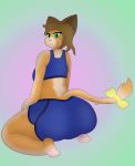  2020 absurd_res anthro big_butt bottomwear bow breasts brown_hair butt butt_squish clothed clothing digital_media_(artwork) domestic_cat felid feline felis female fur gazaster green_eyes gym_shorts hair hi_res looking_at_viewer looking_back mammal nonbinary_(lore) orange_body orange_fur pawpads paws shirt shorts simple_background sitting sitting_on_feet smile solo squish thick_thighs topwear trans_(lore) whiskers white_body white_fur 