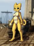  3:4 anthro bethesda_softworks bluedraggy breasts crotch_tuft day detailed_background featureless_breasts featureless_crotch felid female fur hi_res katia_managan khajiit mammal outside prequel rapel solo the_elder_scrolls tuft video_games webcomic yellow_body yellow_fur 