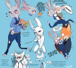  2020 anthro belt blue_background blush bodily_fluids bovid canid canine caprine carrying clothed clothing cross-popping_vein dipstick_ears disney edit english_text female fox fully_clothed fur gloves_(marking) grey_body grey_fur hard_translated hi_res holding_object judy_hopps kneeling lagomorph leporid male mammal markings memegmu multicolored_ears nick_wilde orange_body orange_fur piggyback police_uniform rabbit red_fox sheep simple_background standing sweat sweatdrop text translated uniform vein zootopia 