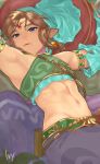  1boy alternate_costume armlet armpits artist_name bangs bare_shoulders blue_eyes bridal_gauntlets brown_hair circlet crossdressing detached_sleeves earrings gerudo_link highres iva_(sena0119) jewelry looking_at_viewer lying male_focus midriff mouth_veil navel on_back otoko_no_ko pants pointy_ears solo stomach the_legend_of_zelda the_legend_of_zelda:_breath_of_the_wild 
