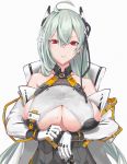  1girl ahoge bangs bare_shoulders breasts cleavage cleavage_cutout closed_mouth clothing_cutout commentary_request crossed_bangs earrings girls_frontline gloves hair_between_eyes headgear jacket jewelry large_breasts long_hair ltlx_7000_(girls_frontline) mecha_musume mo_geng mole mole_on_breast multicolored_hair open_clothes open_jacket red_eyes silver_hair standing streaked_hair very_long_hair white_gloves white_jacket 