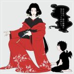  1boy 1girl black_hair dress floral_print grey_background holding holding_pipe japanese_clothes karasu_tengu kimono kiseru long_hair majo_shuukai_de_aimashou matreshka54321 original pipe red_eyes short_hair sitting tengu translation_request 