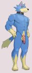  5_fingers abs animal_crossing anthro balls blue_body blue_fur canid canine canis collar collar_only fingers fur genitals hands_on_hips hi_res humanoid_genitalia humanoid_penis jrjresq male mammal muscular muscular_anthro muscular_male nintendo nipples nude penis simple_background solo standing tan_body tan_fur video_games wolf wolfgang_(animal_crossing) 