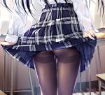  1girl arms_at_sides ass black_hair black_legwear chair classroom commentary_request curtains day desk fine_fabric_emphasis fingernails from_behind indoors kobayashi_chisato lifted_by_self long_hair long_sleeves lower_body miniskirt original panties panties_under_pantyhose pantyhose pantyshot plaid plaid_skirt school_chair school_desk shirt skirt skirt_lift solo standing thighband_pantyhose thighs underwear upskirt white_panties white_shirt window wooden_floor 