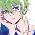  1boy amami_rantarou bangs bespectacled chin_rest close-up collarbone commentary_request danganronpa face glasses green_eyes green_hair grey_shirt hair_between_eyes hand_up jewelry kanata_(loser51) looking_at_viewer lowres male_focus necklace new_danganronpa_v3 parted_lips shirt short_hair smile solo striped striped_shirt 