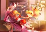  2girls absurdres bandage_over_one_eye barefoot bat_wings flandre_scarlet hallway highres holding holding_pillow messy_hair multiple_girls nightgown pajamas pillow remilia_scarlet ririri siblings sisters sleep_mask sleepwear stuffed_animal stuffed_toy teddy_bear touhou wings yawning yuri 