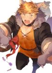  1boy animal_costume bangs bara black_pants blonde_hair blush chest covered_abs falling granblue_fantasy green_eyes halloween halloween_costume higashigunkan male_focus muscle open_mouth orange_shirt pants shirt short_hair sideburns solo tail vane_(granblue_fantasy) wolf_costume wolf_tail 