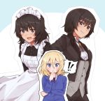  ! !! 3girls alternate_costume alternate_hairstyle andou_(girls_und_panzer) apron ascot bangs bc_freedom_school_uniform black_dress black_hair black_jacket black_pants blazer blue_cardigan blue_neckwear brown_eyes butler cardigan chin_grab closed_mouth collared_dress commentary dark_skin diagonal_stripes dress dress_shirt dual_persona enmaided eyebrows_visible_through_hair frown girls_und_panzer grey_neckwear grey_vest hair_over_shoulder hair_tie jacket long_sleeves looking_at_viewer maid maid_apron maid_headdress medium_hair messy_hair multiple_girls necktie open_mouth oshida_(girls_und_panzer) outline pants red_neckwear school_uniform sesame_(sesame_mas) shirt short_ponytail smile spoken_exclamation_mark standing striped striped_neckwear v-shaped_eyebrows vest white_apron white_shirt wing_collar 