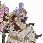  1girl 2boys armor ascot axe bangs bare_shoulders black_legwear blunt_bangs boots breastplate breasts brown_gloves brown_hair claude_von_riegan cleavage commentary_request crossed_legs deba dress earrings fire_emblem fire_emblem:_three_houses flower freikugel_(weapon) gloves green_eyes grey_pants hilda_valentine_goneril hoop_earrings jewelry long_hair lorenz_hellman_gloucester multiple_boys pants pauldrons pink_eyes pink_hair planted_weapon puffy_sleeves purple_hair red_flower red_rose rose short_dress short_hair shoulder_armor simple_background smile standing thighhighs throne very_long_hair weapon white_background zettai_ryouiki 