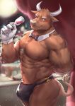  5_fingers abs anthro black_clothing black_underwear blush bovid bovine bow_tie brown_body brown_fur bulge cattle clothed clothing cup fingers fur gloves hand_behind_head handwear hi_res holding_cup holding_object horn male mammal muscular muscular_anthro muscular_male nipples pecs smile solo tail_tuft taki_kaze topless tuft underwear white_clothing white_gloves 