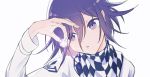  bangs checkered checkered_neckwear checkered_scarf danganronpa dice face hair_between_eyes hand_up head_tilt holding_dice jacket kunguojiang long_sleeves looking_at_object male_focus new_danganronpa_v3 open_mouth ouma_kokichi portrait purple_hair scarf short_hair simple_background white_background white_jacket 