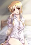  1girl barefoot bed black_ribbon blonde_hair blurry blurry_background bottomless bracelet breasts bursting_breasts cleavage commentary_request commission depth_of_field dress_shirt dust_particles eyebrows_visible_through_hair fate_testarossa hair_ribbon highres jewelry kneeling kuroi_mimei light_smile long_hair long_sleeves looking_at_viewer low-tied_long_hair lyrical_nanoha mahou_shoujo_lyrical_nanoha_strikers medium_breasts naked_shirt on_bed parted_lips partially_unbuttoned pillow red_eyes ribbon shirt sidelocks skeb_commission sleeves_past_wrists solo sunlight tearing_up tears very_long_hair white_shirt wing_collar wiping_tears 