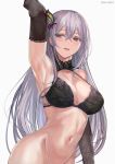  1girl arm_up armpits bangs bare_shoulders black_bra black_gloves blush bottomless bra breasts butterfly_hair_ornament cleavage collarbone echidna_(re:zero) elbow_gloves gloves hair_ornament large_breasts long_hair looking_at_viewer misako12003 navel open_mouth out-of-frame_censoring parted_lips purple_eyes re:zero_kara_hajimeru_isekai_seikatsu silver_hair simple_background smile underwear white_eyelashes 
