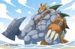  abs anthro biceps claws digimon digimon_(species) grey_body hammer horn looking_at_viewer male mammal mask muscular muscular_anthro muscular_male pecs shell smile solo takataka tools tusks wet zudomon 