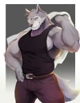  absurd_res anthro belt black_clothing black_shirt black_topwear canid canine canis clothed clothing fur grey_body grey_fur hand_on_hip hi_res holding_object looking_at_viewer male mammal muscular muscular_anthro muscular_male shirt smile soji_gr solo tank_top topwear white_outline wolf yellow_eyes 