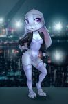  2020 anthro breasts clothed clothing disney ears_down female full-length_portrait fur ghost_in_the_shell grey_body grey_fur head_tuft hi_res judy_hopps lagomorph leporid major_motoko_kusanagi mammal pivoted_ears portrait purple_eyes qrog rabbit smile solo standing tuft zootopia 