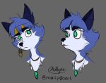  anthro black_nose blue_ears canid canine eyebrows eyelashes female fox fur green_eyes grey_background hair head_tuft hi_res jewelry krystal mammal marip0sart necklace nintendo signature simple_background solo star_fox tuft video_games white_body white_fur 