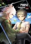 2boys ahoge bangs black_pants breast_pocket brown_eyes brown_hair clover collared_shirt commentary_request cover cover_page danganronpa four-leaf_clover green_jacket green_neckwear grey_eyes grey_hair hinata_hajime holding_hands hood hooded_jacket jacket komaeda_nagito looking_at_another medium_hair multiple_boys necktie open_mouth pants pocket shirt short_hair short_sleeves smile super_danganronpa_2 youko-shima 