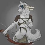 1:1 2020 anthro black_nose blue_eyes bow_(weapon) butt canid canine canis female grey_background hair holding_object holding_weapon mammal pav ranged_weapon simple_background solo weapon white_hair wolf 
