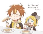  1boy 1girl blonde_hair blue_eyes blush bow butter chibi closed_eyes commentary earrings eating food fork hair_bow hazuki_015 highres holding holding_fork holding_knife hood hoodie jewelry kagamine_rin knife pancake plate project_sekai shinonome_akito translated vocaloid white_background yellow_hoodie 