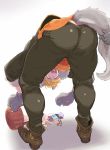  1boy 1other animal_costume animal_ears ass ass_focus bangs bara blonde_hair blush bulge chest full_body granblue_fantasy green_eyes green_jacket green_pants highres jacket male_focus mm86262394 muscle orange_shirt pants shirt short_hair solo_focus tail tail_grab thick_thighs thighs vane_(granblue_fantasy) wolf_boy wolf_costume wolf_ears wolf_paws wolf_tail 