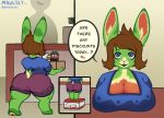  absurd_res anthro big_breasts big_butt blue_eyes breasts butt cleavage clothed clothing comic cute_expression cute_face dialogue duo female fur green_body green_fur hi_res lagomorph leporid long_ears looking_at_viewer mammal mawliet rabbit rear_view short_stack short_tail simple_background slightly_chubby solo sugarmelons 