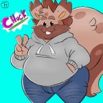  1:1 2020 anthro belly blue_background bottomwear brown_body brown_fur clothing fan_character fur greedent hi_res hoodie male mammal nintendo overweight overweight_male pants pok&eacute;mon pok&eacute;mon_(species) rodent simple_background solo text topwear trashtoonz video_games 