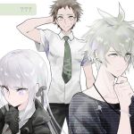  1girl 2boys ?? amami_rantarou arm_behind_head bangs black_gloves black_jacket black_ribbon blonde_hair brown_hair brown_pants closed_mouth collarbone collared_shirt commentary_request danganronpa danganronpa_1 eyebrows_visible_through_hair face gloves green_eyes green_neckwear hair_ribbon hand_on_own_chin hinata_hajime jacket jewelry kirigiri_kyouko long_hair multiple_boys necklace necktie new_danganronpa_v3 pants parted_lips purple_eyes ribbon shirt short_hair short_sleeves striped striped_shirt super_danganronpa_2 sweatdrop teeth u_u_ki_u_u white_shirt 