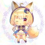  1girl ;o ahoge animal_ear_fluff animal_ears black_footwear black_headwear blonde_hair blush boots capelet chibi double_fox_shadow_puppet ears_through_headwear flower_knight_girl fox_ears fox_girl fox_shadow_puppet fox_tail frilled_capelet frills full_body hair_through_headwear hat hood hood_up hooded_capelet kitsune_no_botan_(flower_knight_girl) kouu_hiyoyo long_hair long_sleeves low_twintails mini_hat mini_top_hat multiple_tails one_eye_closed parted_lips puffy_long_sleeves puffy_sleeves purple_capelet red_eyes skirt socks solo standing standing_on_one_leg tail tilted_headwear top_hat twintails two_tails very_long_hair white_background white_skirt yellow_legwear 