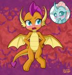  alternate_version_at_source arthropod bat_wings blue_eyes blush changeling dragon duo eyebrows fangs female flying friendship_is_magic hair hasbro membrane_(anatomy) membranous_wings my_little_pony ocellus_(mlp) open_mouth orange_body purple_hair signature smolder_(mlp) uotapo wings 