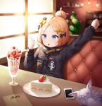  1girl abigail_williams_(fate/grand_order) absurdres bandaid bandaid_on_forehead bangs black_bow black_jacket blonde_hair blue_eyes blush bow breasts cake crossed_bandaids fate/grand_order fate_(series) food forehead fork fou_(fate/grand_order) hair_bow hair_bun heroic_spirit_traveling_outfit high_collar highres jacket long_hair long_sleeves multiple_bows open_mouth orange_belt orange_bow parfait parted_bangs polka_dot polka_dot_bow shuvui small_breasts table window 