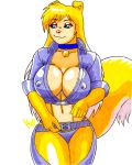  2020 aaron_hibiki abs anthro belt_buckle big_breasts blonde_hair blue_eyes breasts canid canine canis chaps cleavage clothed clothing collar collie domestic_dog erect_nipples female fluffy fluffy_tail fur hair herding_dog hi_res huge_breasts lassie_(krillos) long_hair makeup mammal multicolored_body multicolored_fur multicolored_hair multicolored_tail nipples panties pastoral_dog sheepdog solo thick_thighs thong underwear wide_hips yellow_body yellow_fur zipper 