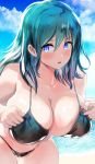  1girl bangs bikini black_bikini blue_eyes blue_sky breasts byleth_(fire_emblem) byleth_(fire_emblem)_(female) cloud commentary_request cowboy_shot day eyebrows_visible_through_hair fire_emblem green_hair hair_between_eyes highres large_breasts leaning_forward long_hair looking_at_viewer parted_lips partial_commentary sky solo swimsuit uenoryoma 