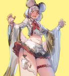  1girl animal_ears black_panties blush bow bow_(bhp) bowtie brooch collared_shirt cowboy_shot cropped_shirt d: granblue_fantasy hairband heart jewelry long_sleeves looking_at_viewer medium_hair midriff miniskirt mouse mouse_ears navel open_mouth panties pantyshot pleated_skirt red_bow red_eyes red_neckwear shirt simple_background skirt solo standing thigh_strap underwear upskirt vikala_(granblue_fantasy) white_hair white_shirt white_skirt wide_sleeves wing_collar yellow_background 