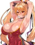  1girl absurdres areola_slip areolae armpits arms_up azur_lane bangs black_ribbon blonde_hair blush breasts cleavage commentary_request eyebrows_visible_through_hair hair_between_eyes hair_ribbon highres jacket large_breasts long_hair looking_at_viewer nelson_(azur_lane) orange_eyes parted_lips ribbon shiny shiny_skin simple_background solo sweat twintails very_long_hair wakura_(gcdan) white_background 