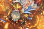  brown_fur commentary_request entei fangs fire gen_2_pokemon highres legendary_pokemon looking_at_viewer no_humans open_mouth paws pokemon pokemon_(creature) rainbow_wing_(pokemon) red_eyes shiny solo supearibu toes tongue 