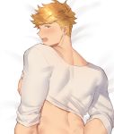  1boy abs back bangs bara bare_chest bed_sheet blonde_hair blush chest dakimakura from_behind granblue_fantasy green_eyes higashigunkan long_sleeves looking_back male_focus muscle shirt shirt_lift short_hair solo upper_body vane_(granblue_fantasy) white_shirt 