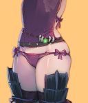  1girl belt bow bow_(bhp) bow_panties character_request head_out_of_frame lower_body monster_hunter orange_outline panties purple_legwear purple_panties simple_background skindentation solo standing thighhighs underwear yellow_background 